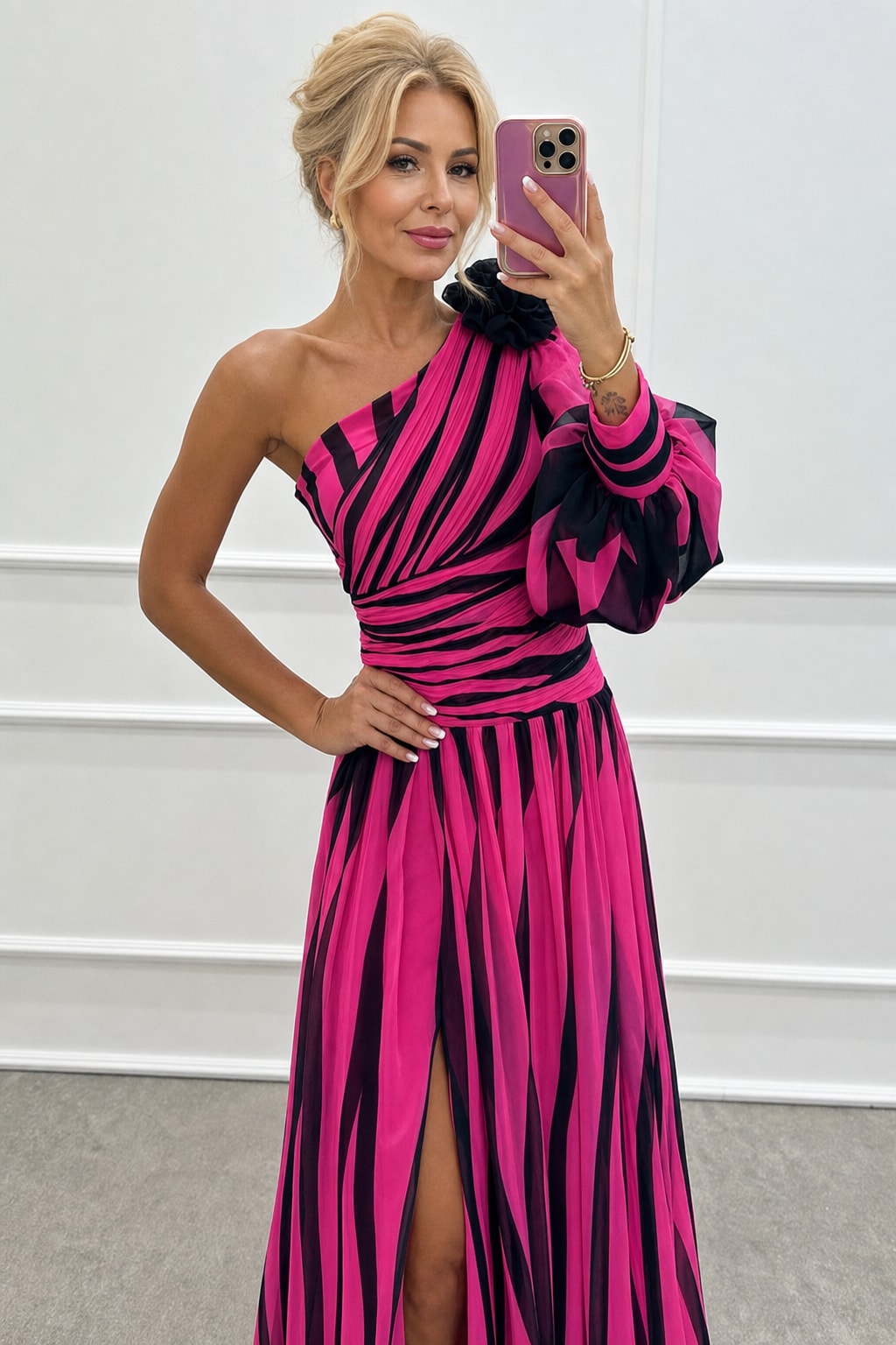 Striped One-Shoulder Maxi Dress With Thigh-High Slit - 5