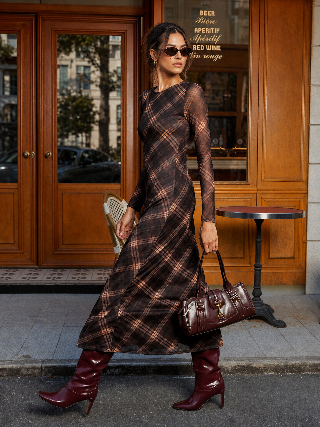 Brown Plaid Mesh Long Sleeve Maxi Dress - view 6