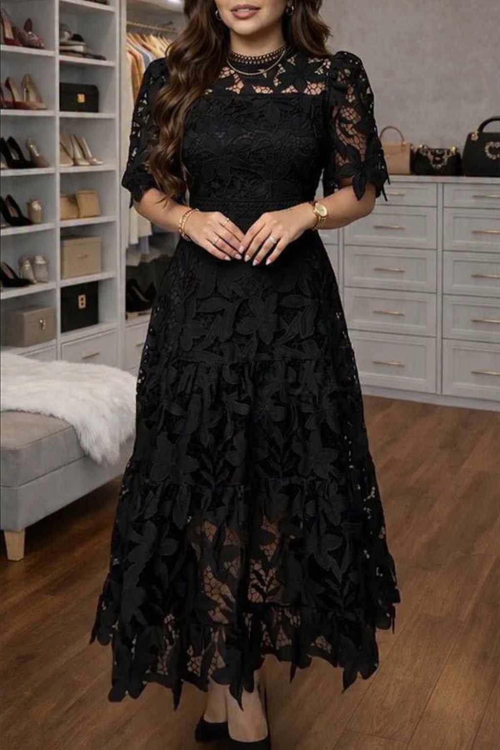 Lace Midi Dress with Embroidered Cutout Detailing - 3