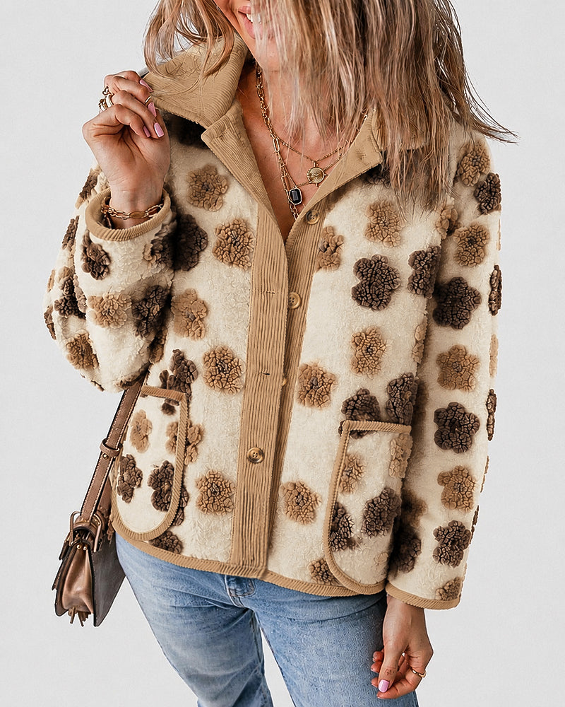 Light yellow sherpa fleece coat with corduroy trim - view 5
