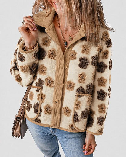Light yellow sherpa fleece coat with corduroy trim - view 5