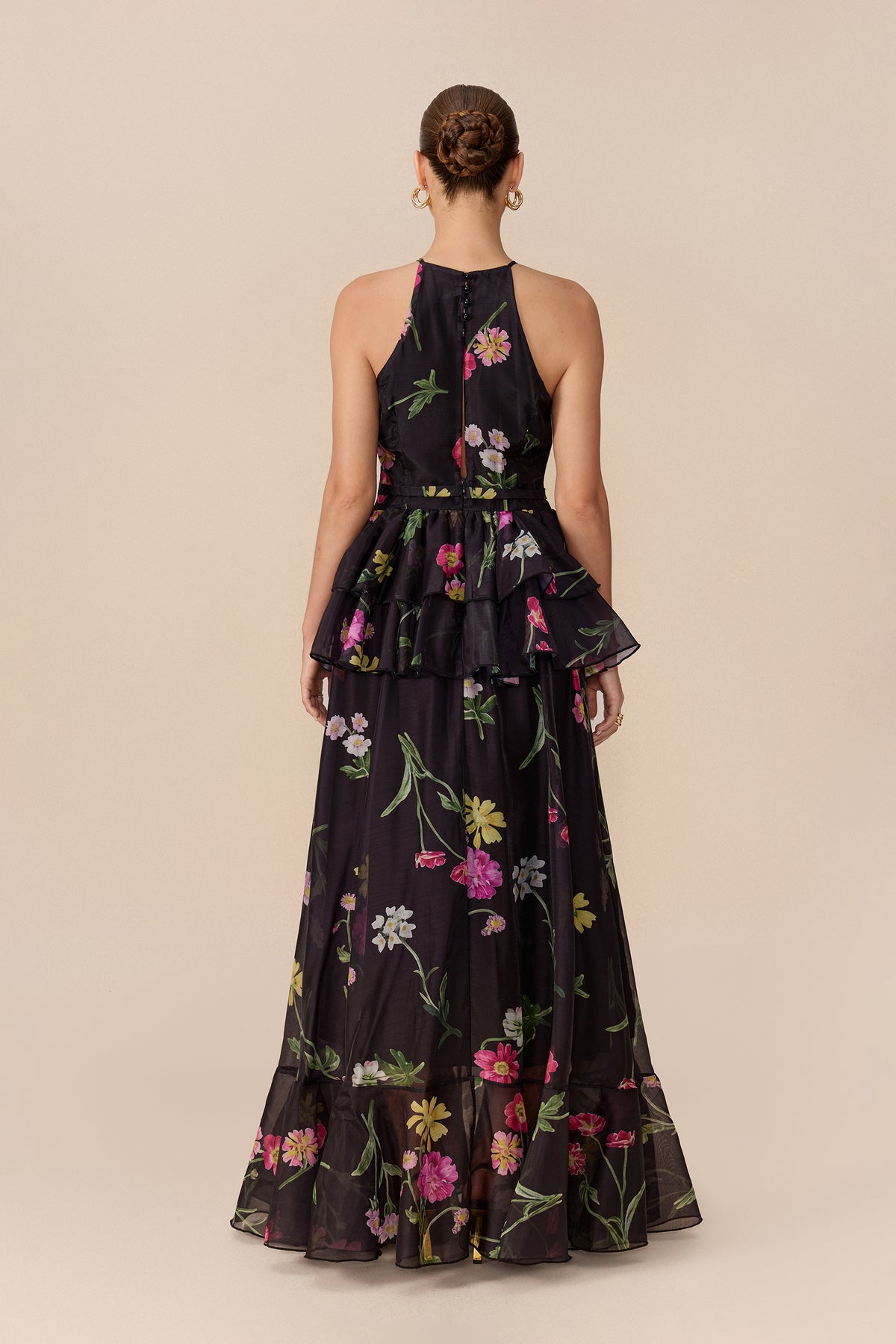 Black floral print tiered maxi dress with halter neck - view 4