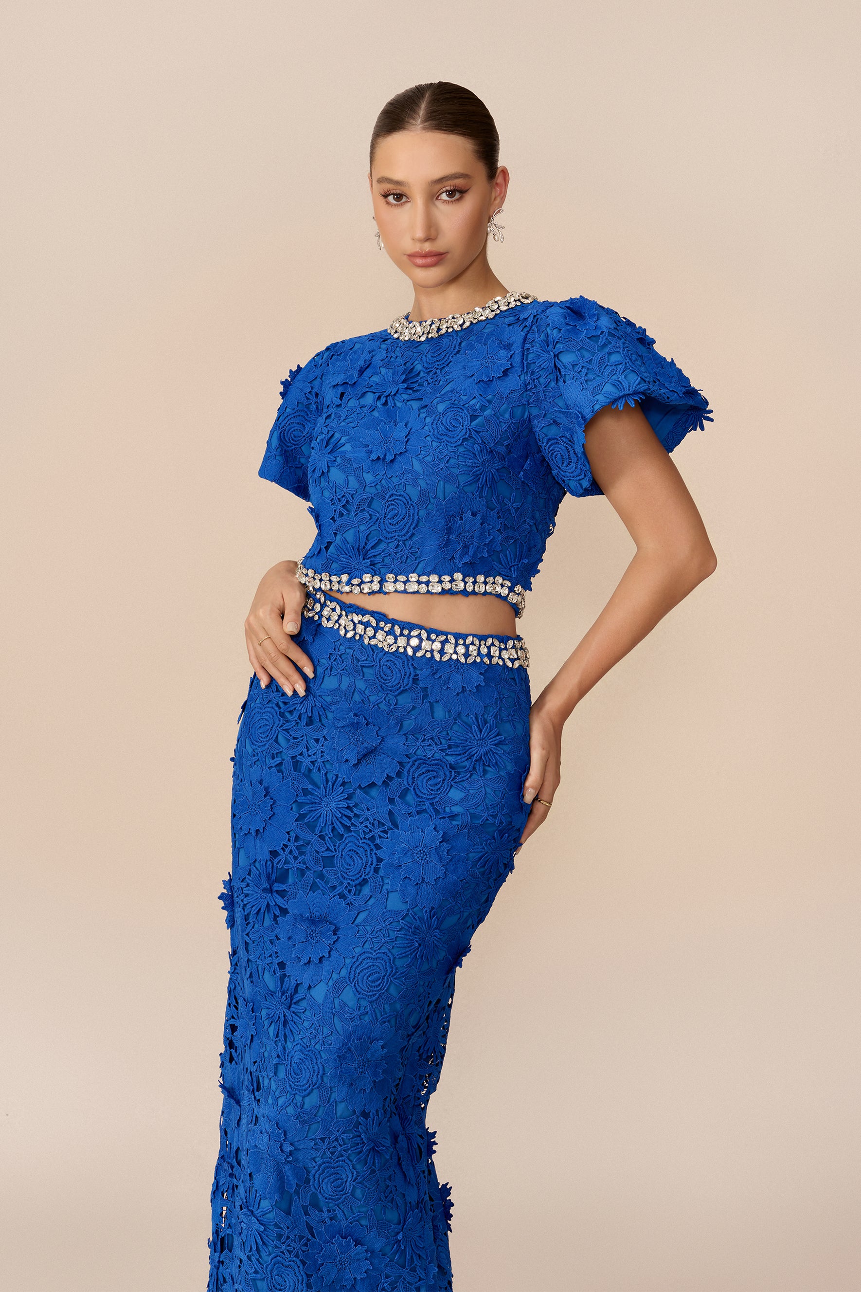 Lace Rhinestone Crop Top and Midi Skirt Set - view 3