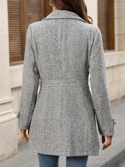Grey Herringbone Coat with Waist-Defining Fit - view 6