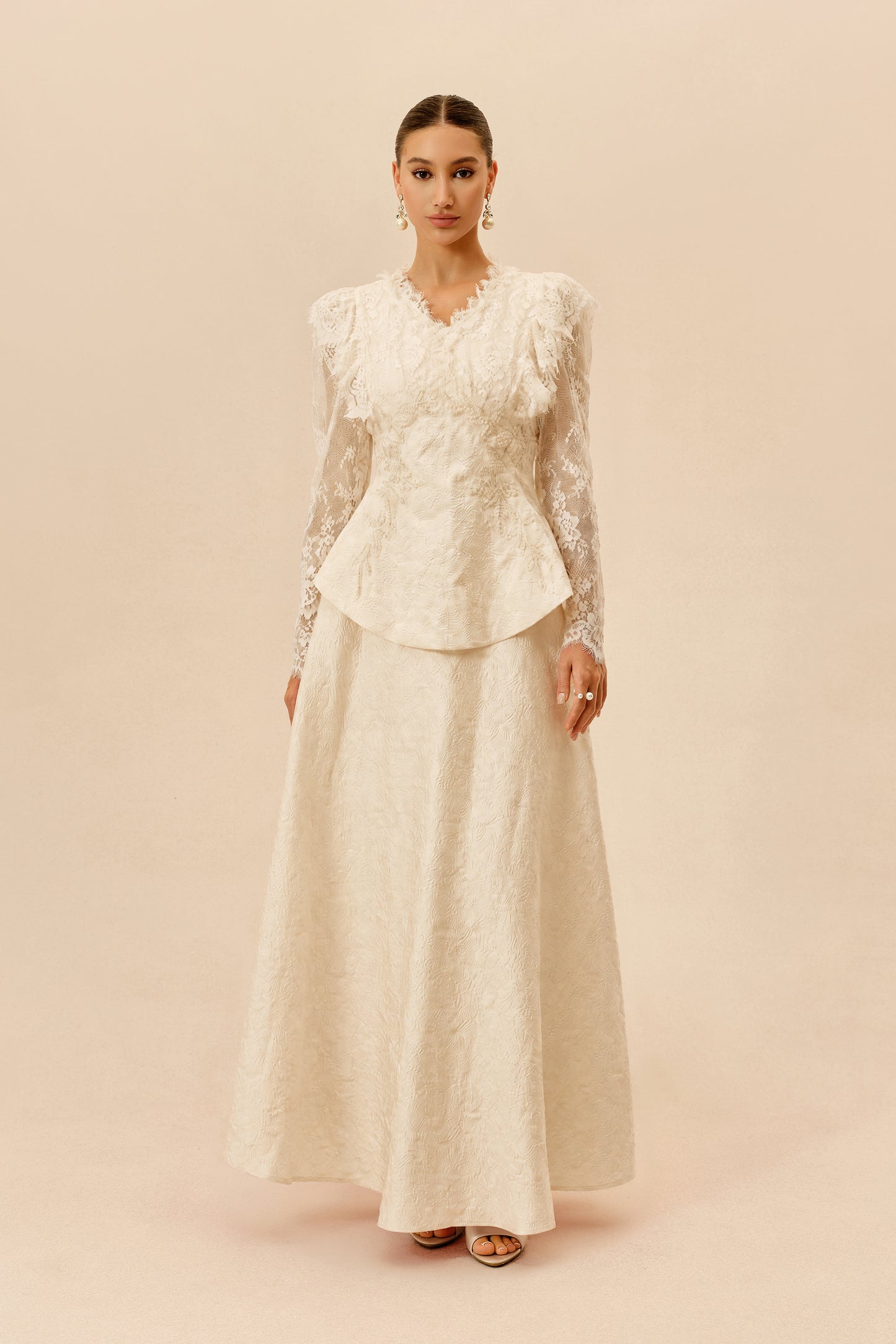 Beige beaded embroidery jacket and skirt set - view 2