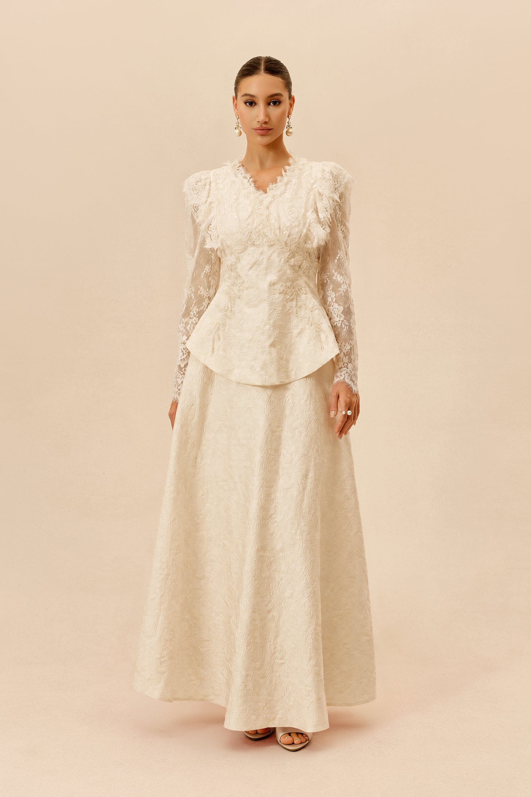 Beige beaded embroidery jacket and skirt set - view 2