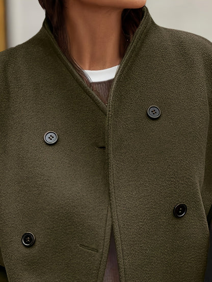 Dark Green Fleece Pea Coat with Stand Collar - view 4