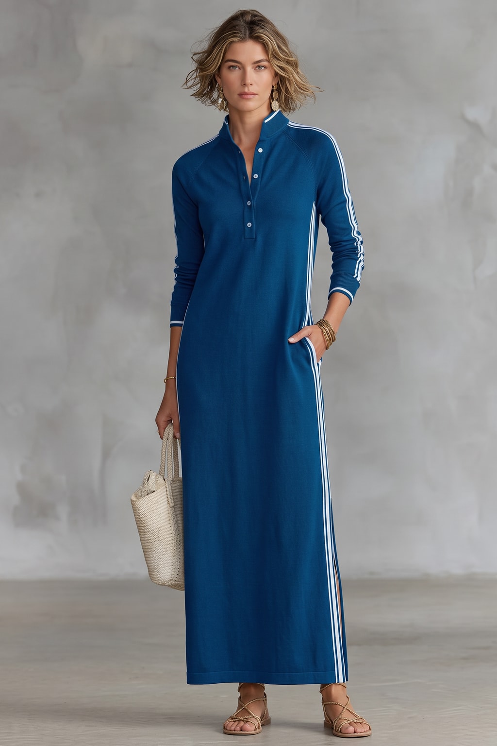 Cotton Maxi Dress Striped Trim Stand Collar - 5