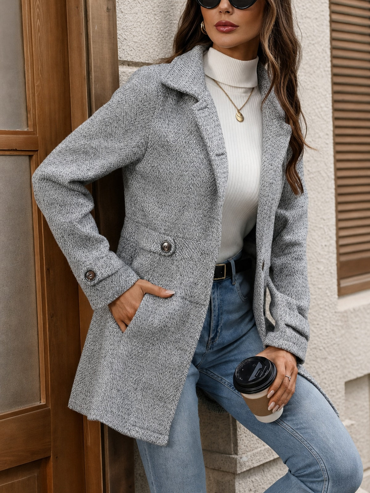 Elegant Herringbone Coat With Waist Defining Tailored Fit - 3