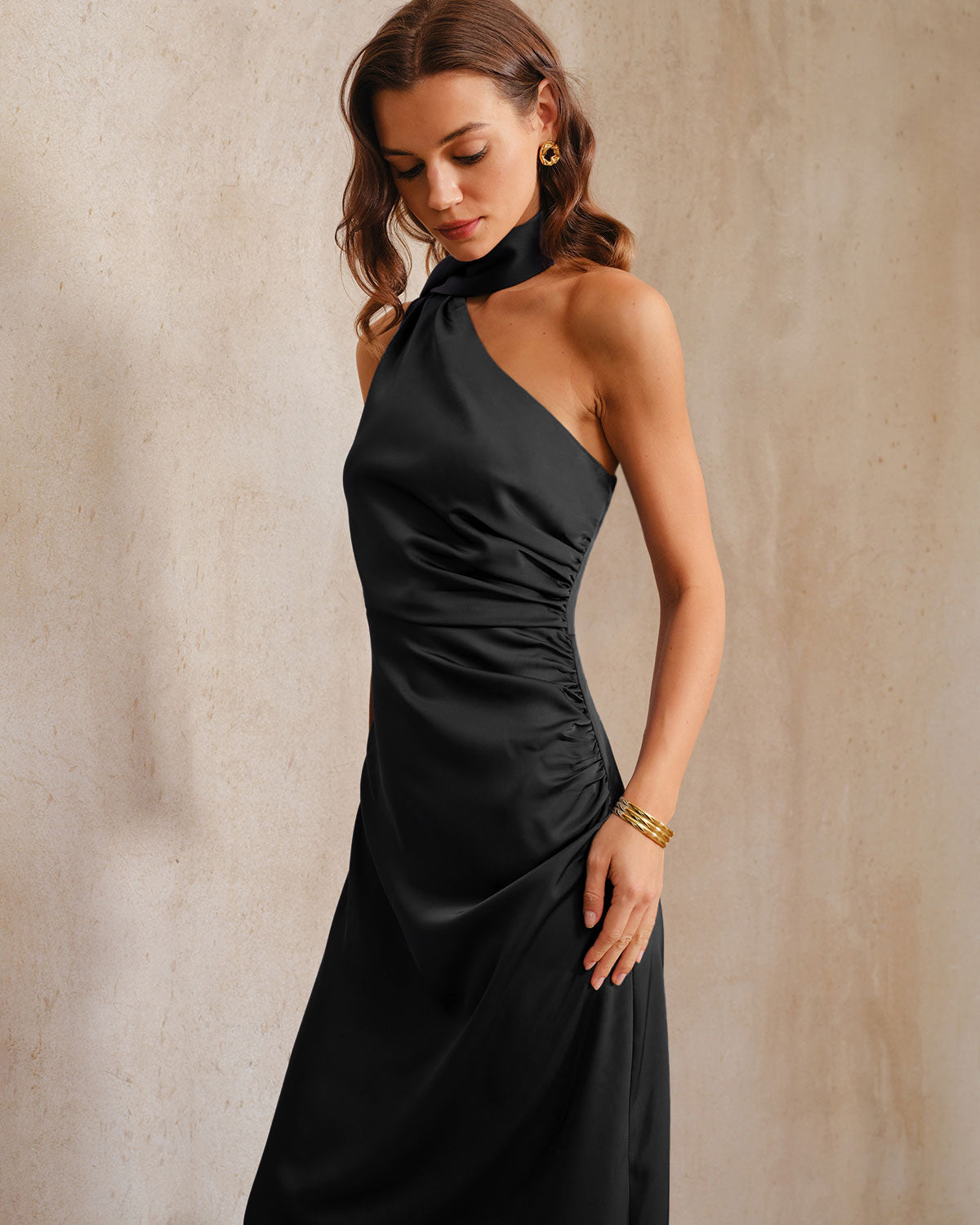 One-Shoulder A-Line Maxi Dress in Black - view 3
