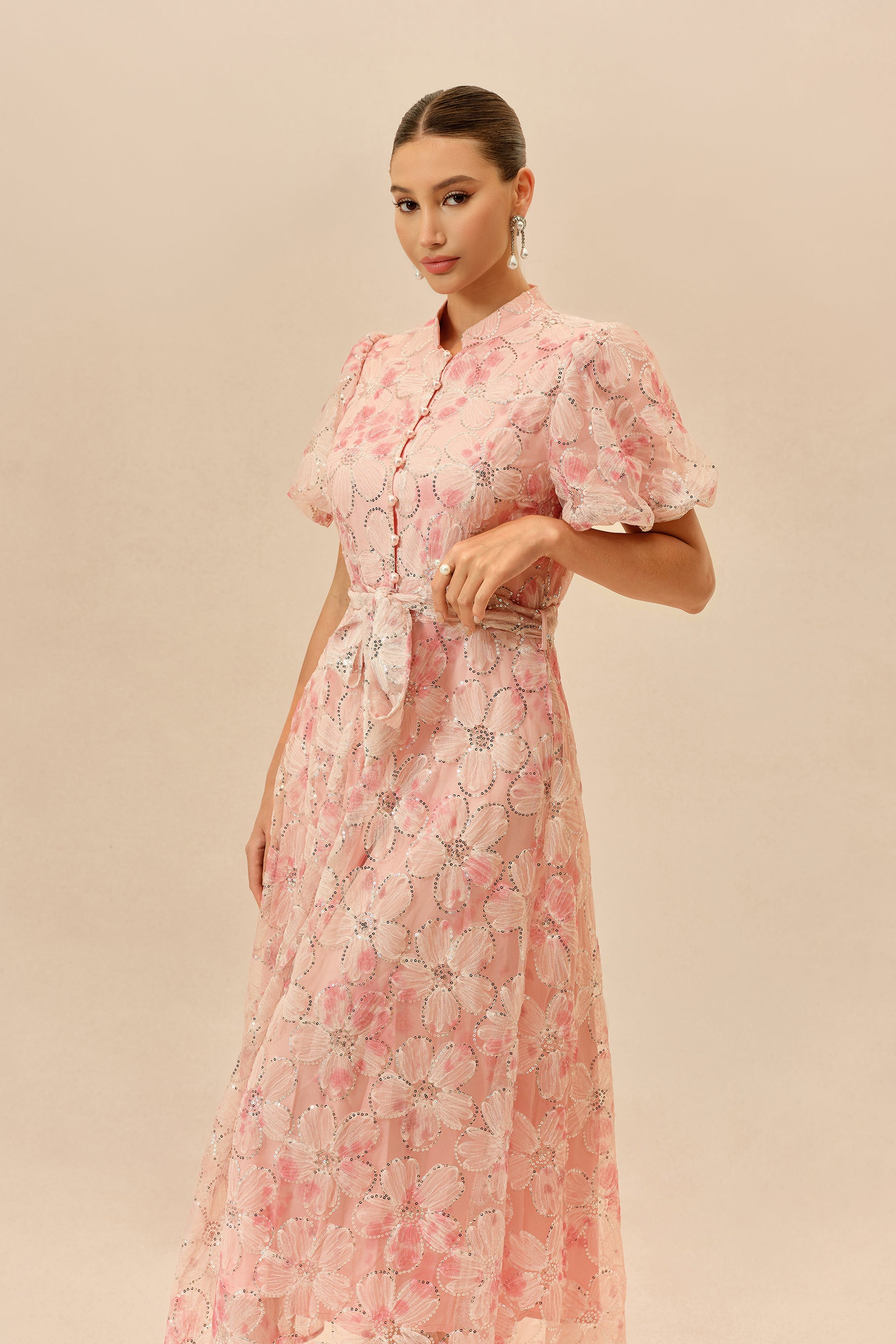 Pink Floral Sequin Puff Sleeve Maxi Dress - view 5
