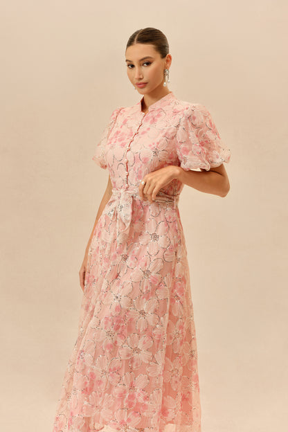 Pink Floral Sequin Puff Sleeve Maxi Dress - view 5