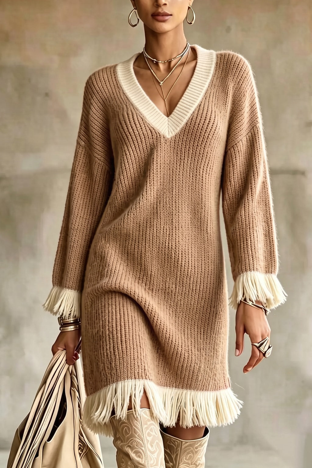 Polyester Knit Dress With Tassel Hem - 8