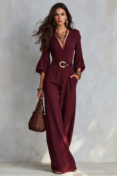 Polyester Wide Leg Jumpsuit With Deep V-Neck - 2