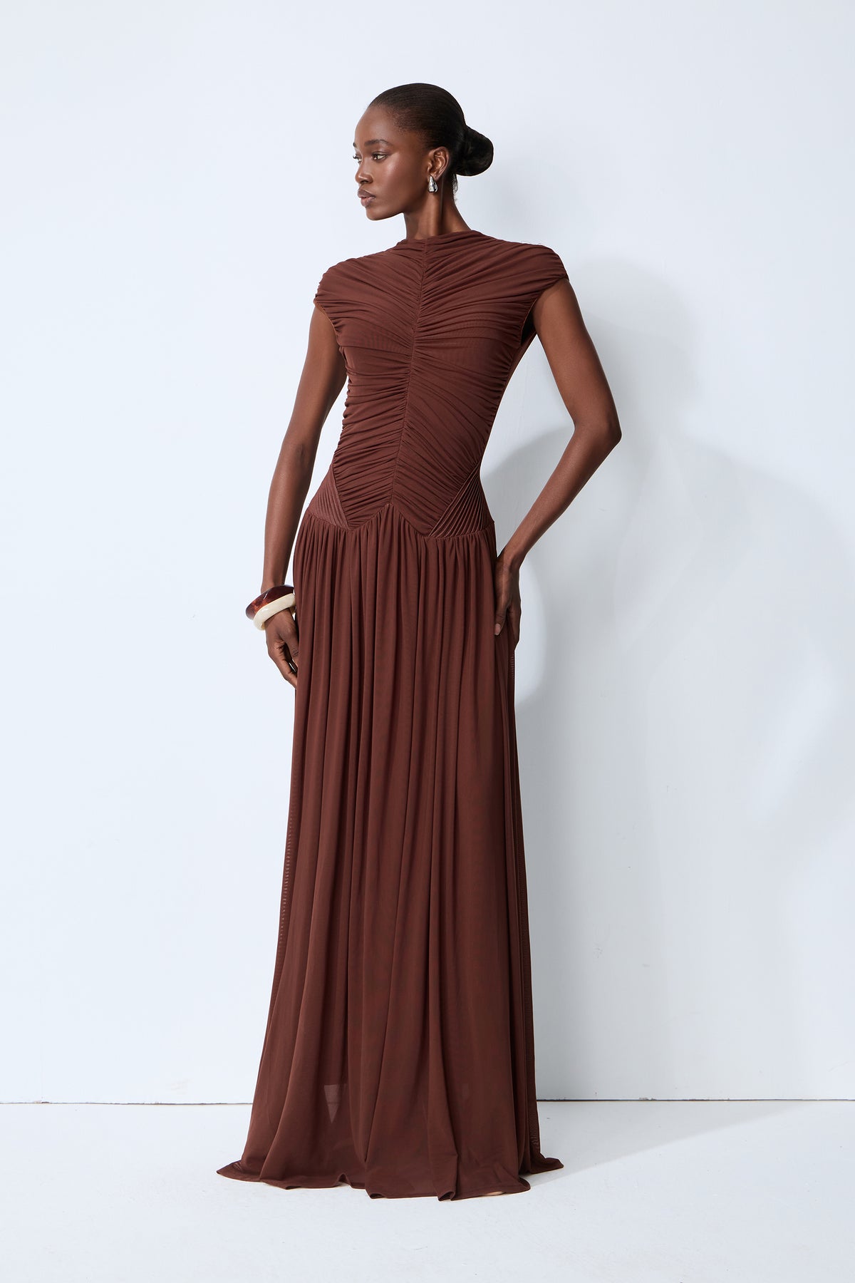 Brown Ruched Knit Maxi Dress Flattering Cap Sleeve Evening Gown - 6