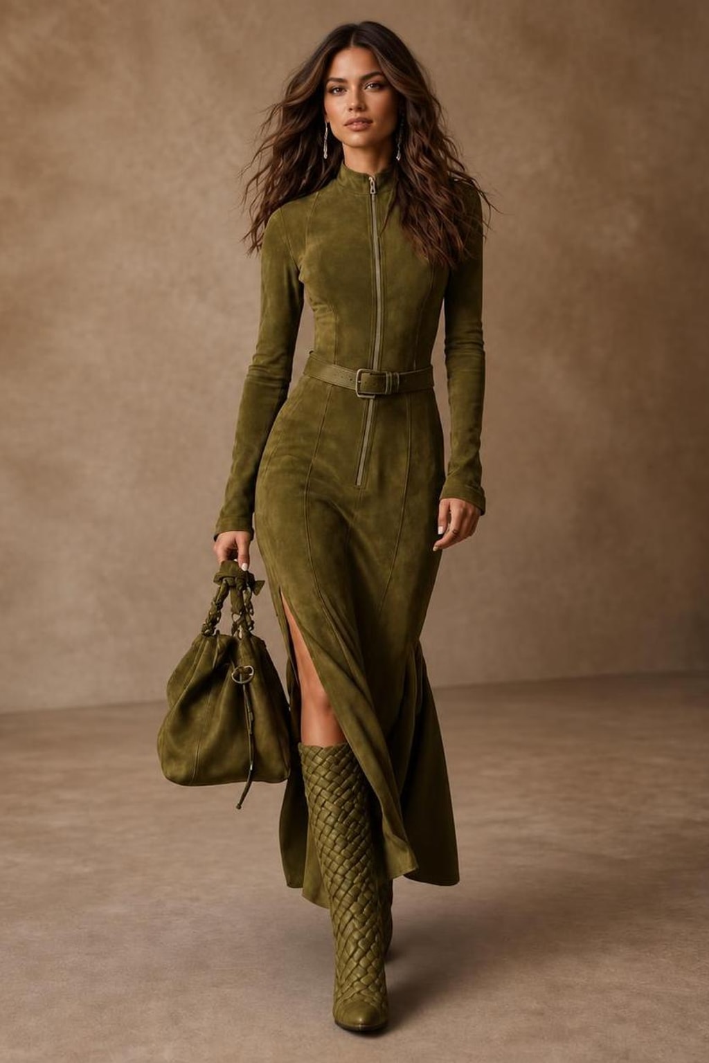 Faux Suede Maxi Dress With Belted Waist - 2