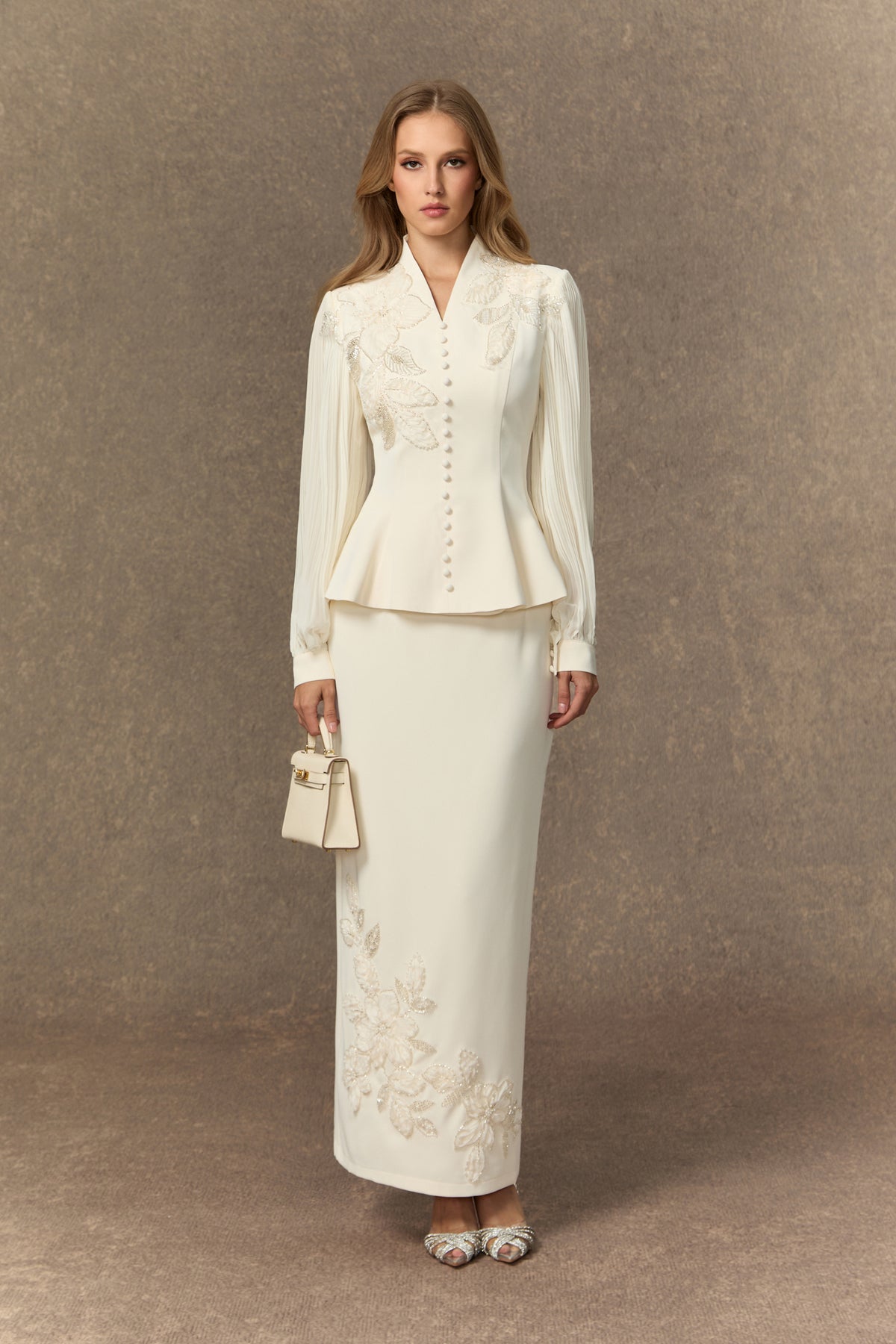 White floral embroidery peplum and skirt set - view 2
