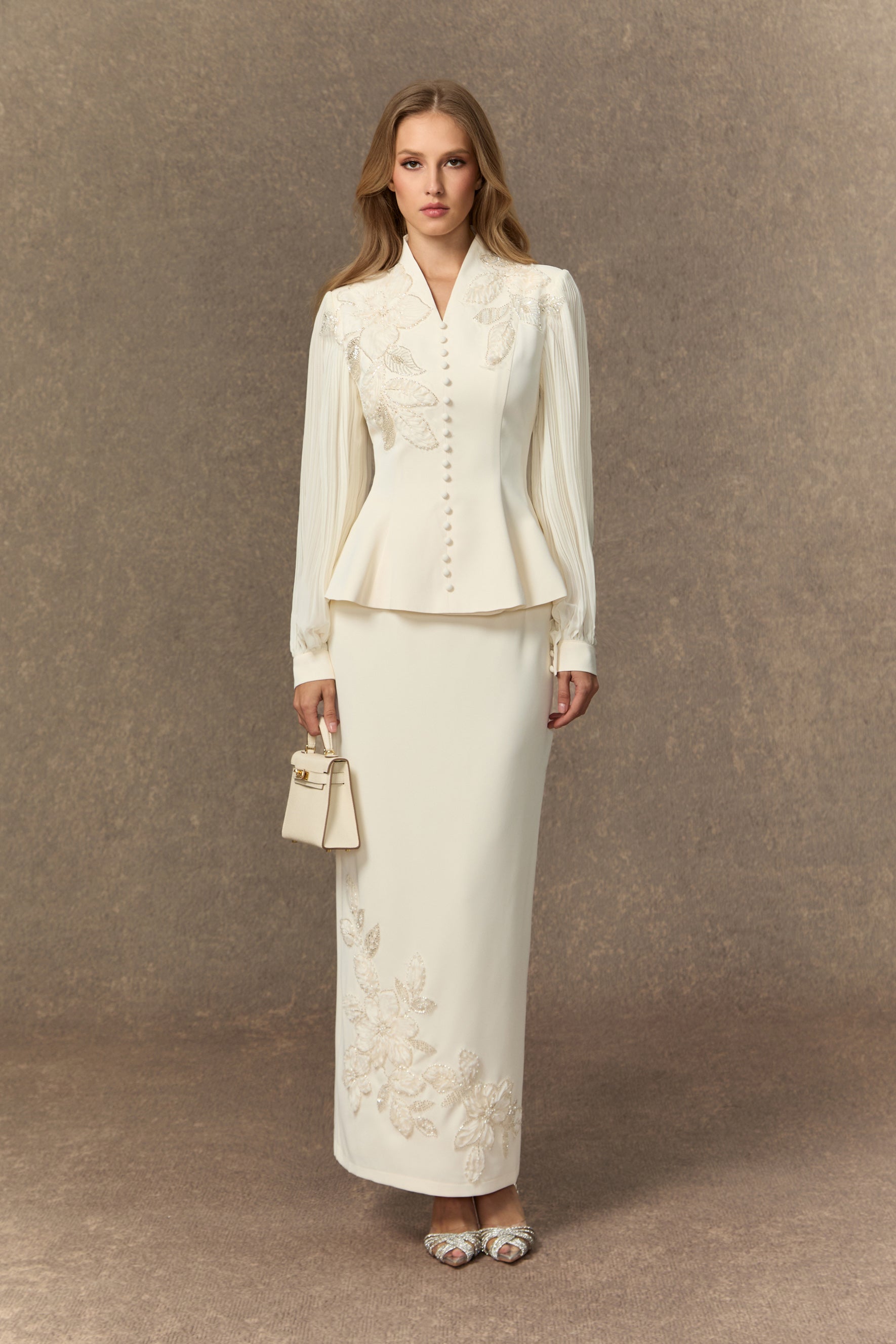 White floral embroidery peplum and skirt set - view 2
