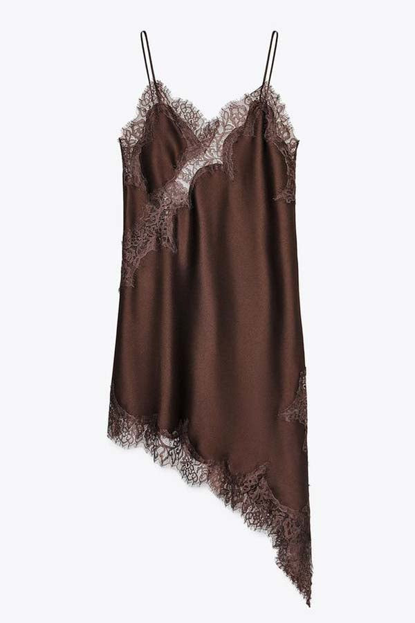 Satin slip mini dress with asymmetrical lace hem - view 6