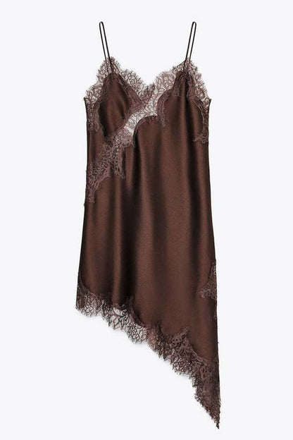 Satin slip mini dress with asymmetrical lace hem - view 6
