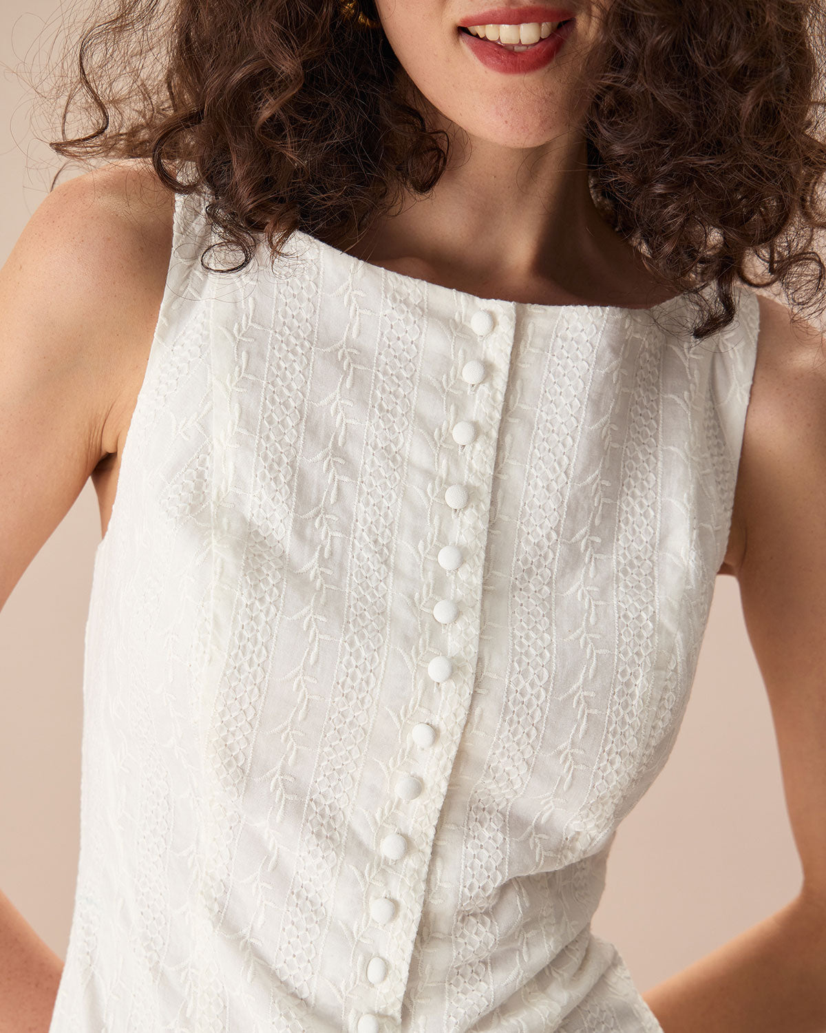 White jacquard cotton mini dress with boat neck - view 5