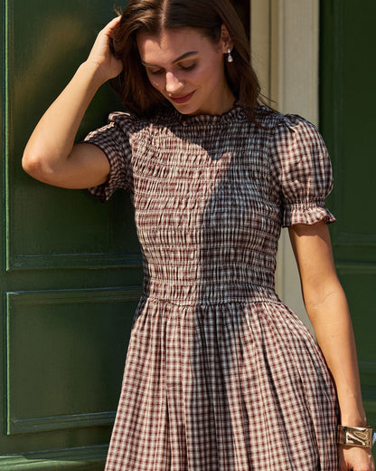 Plaid Puffed Sleeve Shirred Waist Midi Dress - view 3