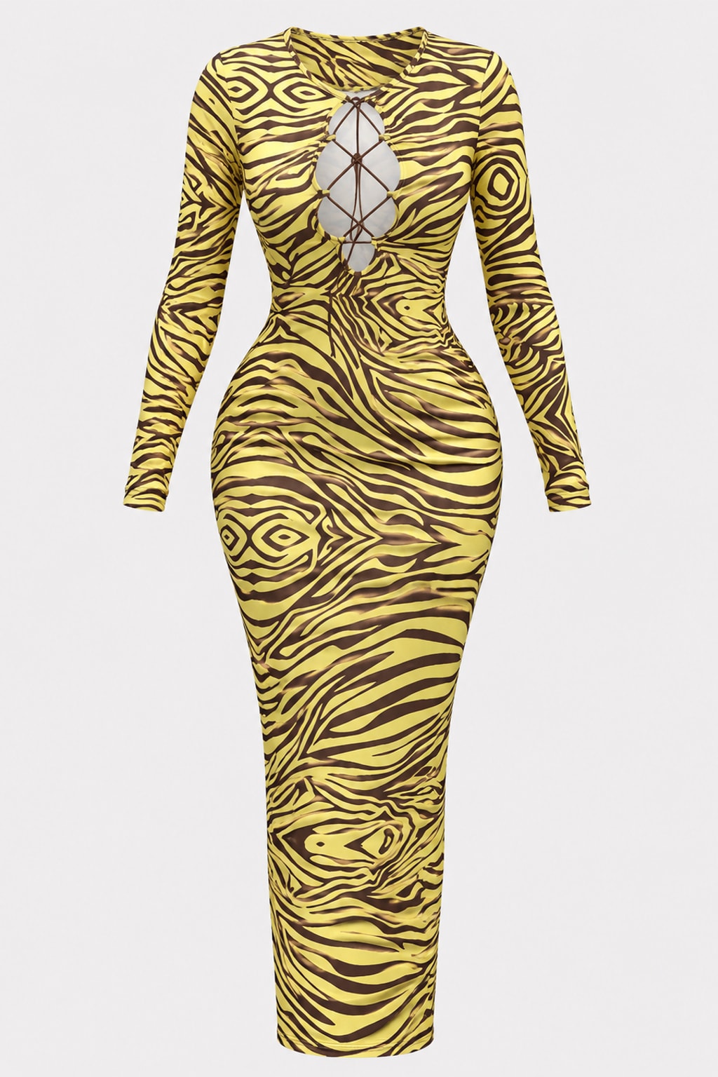 Polyester Pencil Dress Yellow Zebra Print Bodycon Style - 1