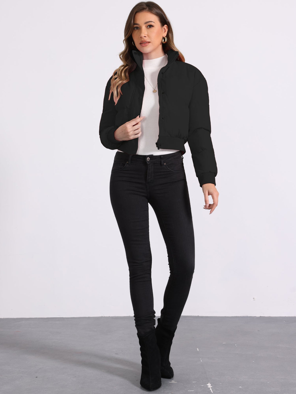 Padded Cropped Bomber Jacket With Stand Collar - view 23