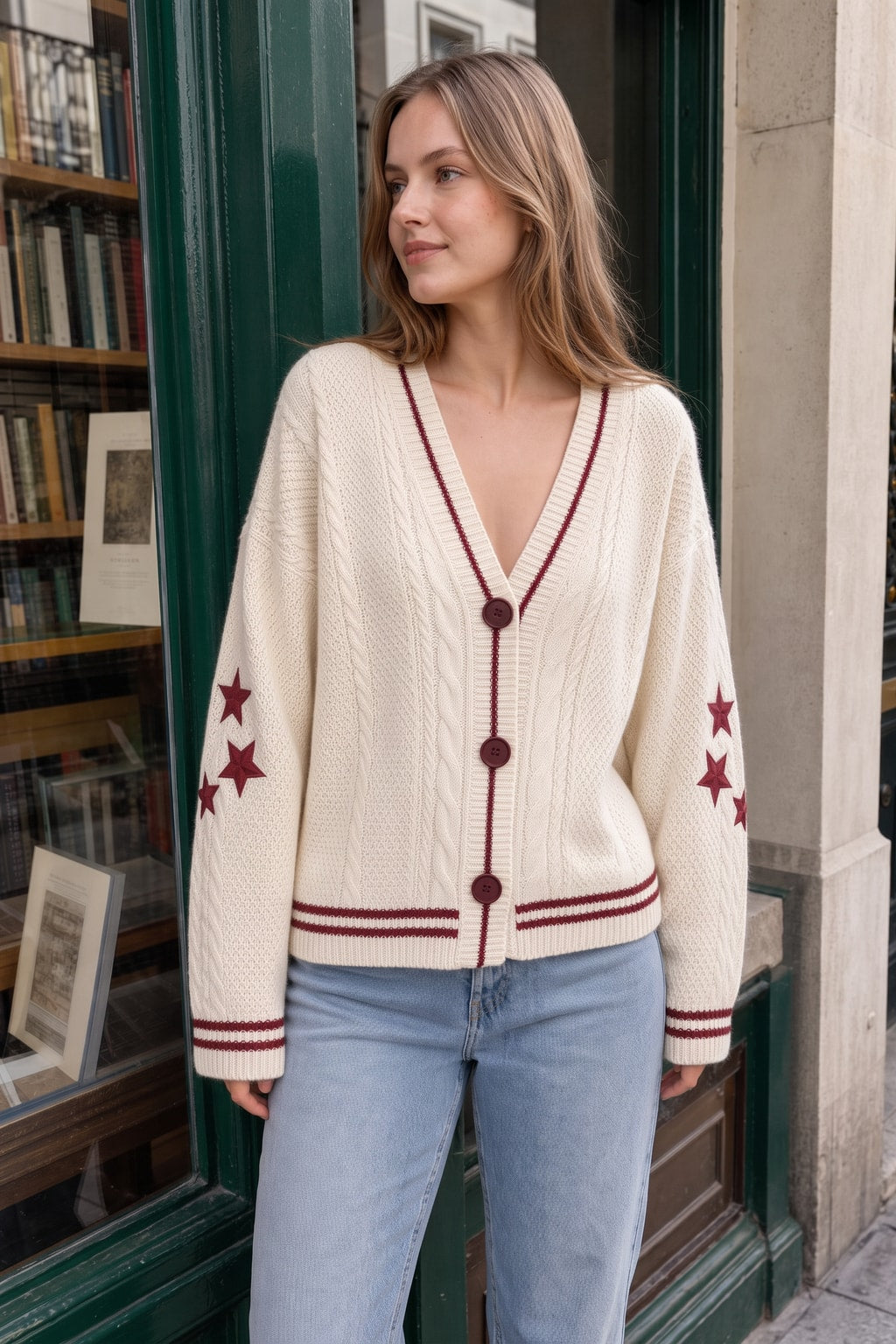 Knit Cable Cardigan With V-Neck Button Front - 2