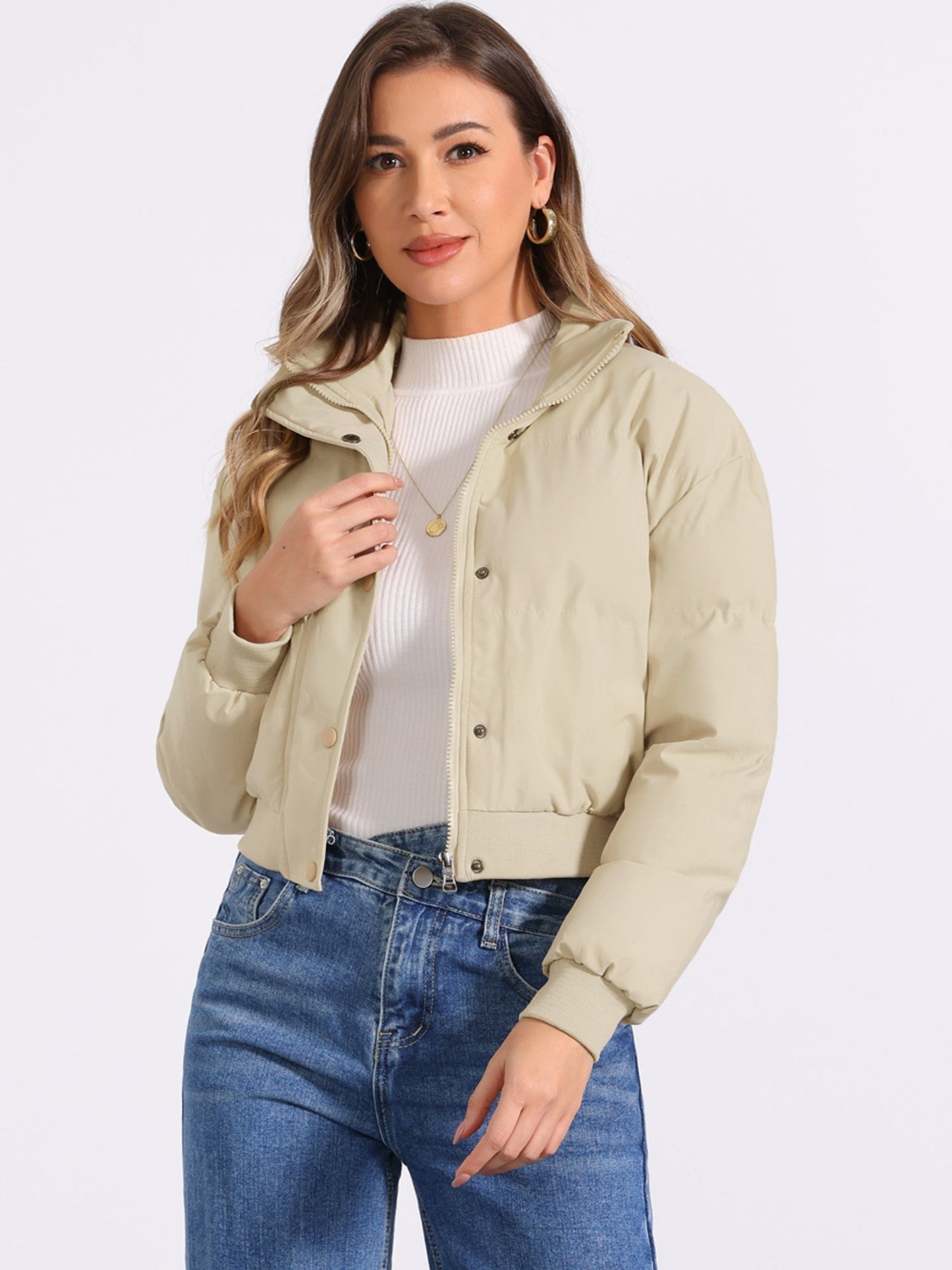 Padded Cropped Bomber Jacket With Stand Collar - view 27