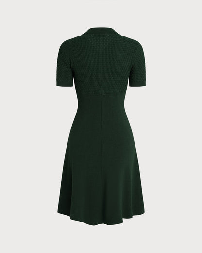 Green Cotton Knit Collared Mini Dress - view 6