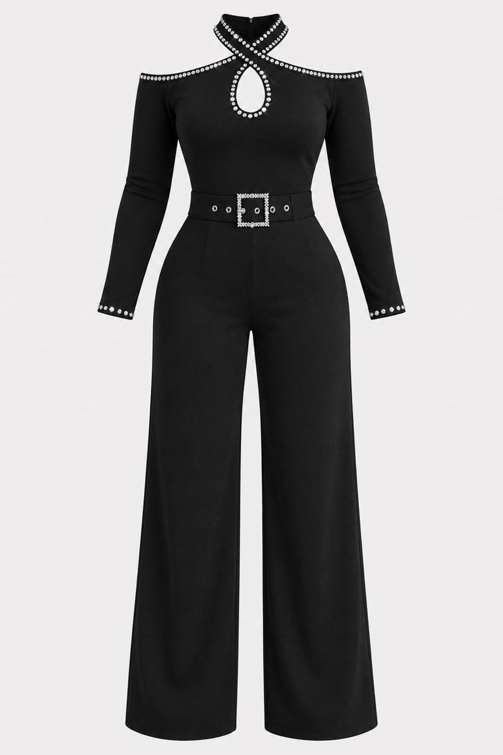 Viscose Blend Jumpsuit With Rhinestone Halter - 1