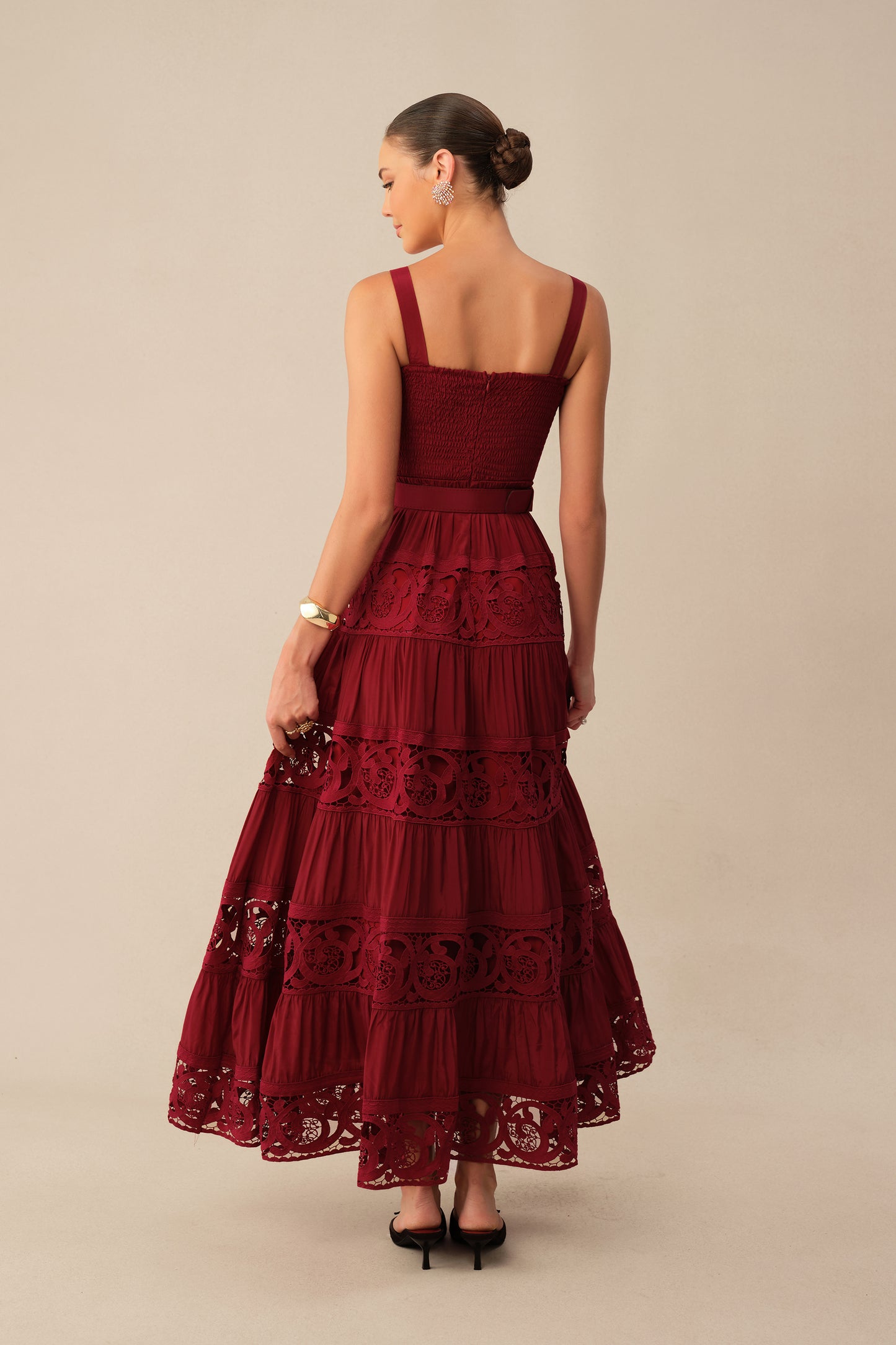Burgundy Square Neck Lace Maxi Dress - view 4