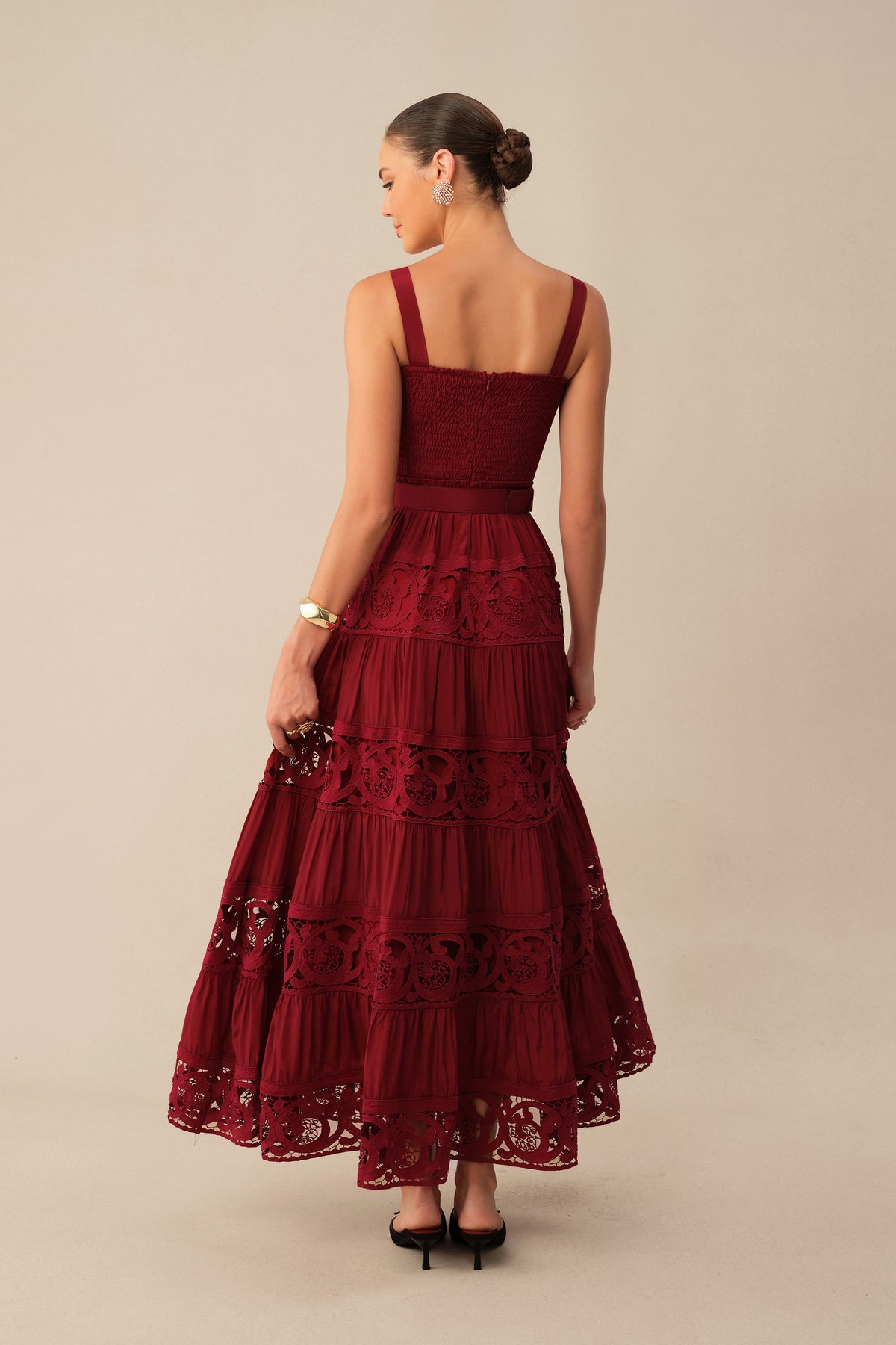 Burgundy Square Neck Lace Maxi Dress - view 4