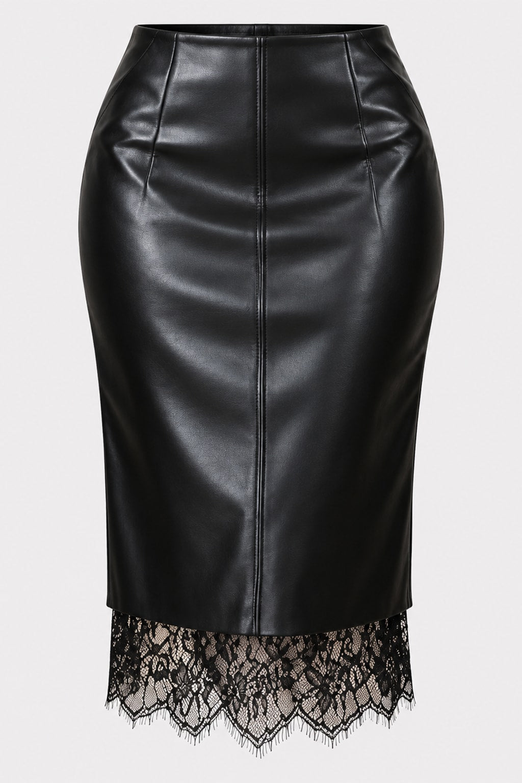 Faux Leather Midi Skirt Lace Hem Streetwear - 1