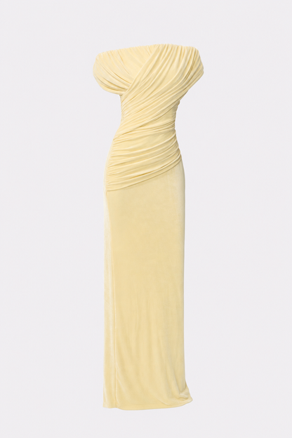 Yellow off-shoulder ruched maxi dress