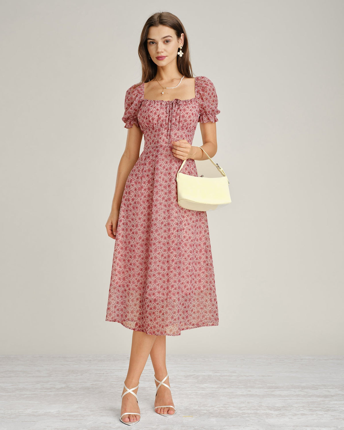 Pink Floral Chiffon Square Neck Midi Dress - view 5