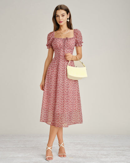 Pink Floral Chiffon Square Neck Midi Dress - view 5