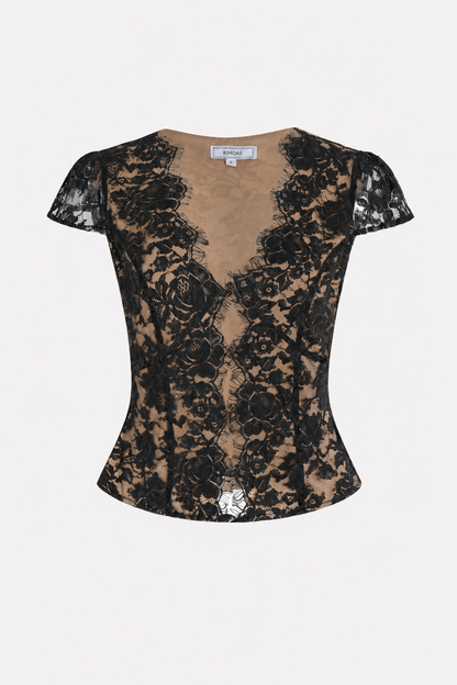 Black Lace V-Neck Button Blouse, Cap Sleeve