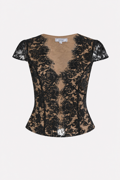 Black Lace V-Neck Button Blouse, Cap Sleeve