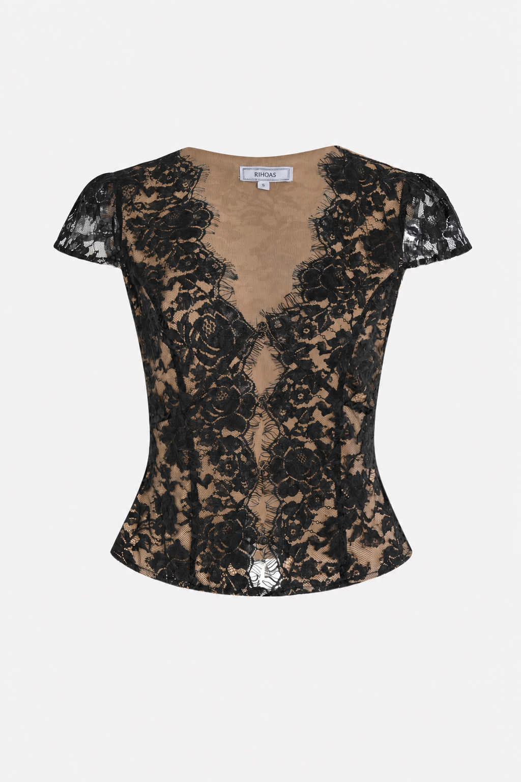 Black Lace V-Neck Blouse Button-Front Slim Fit Top - 1