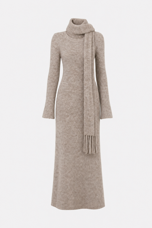 Knit Sweater Midi Dress With Scarf