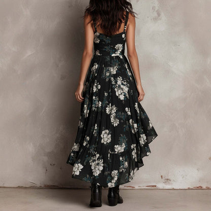 Black Floral Hi-Low Maxi Dress, Smocked Waist - view 4