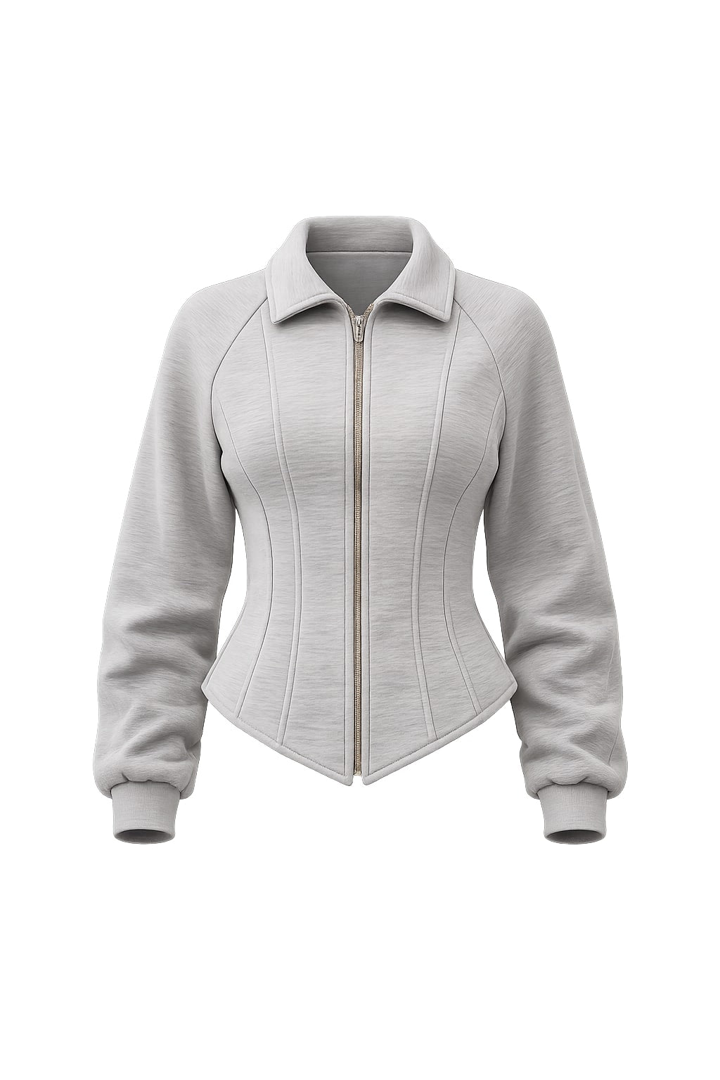 Light grey marl scuba jacket with a point collar, full-length zip, corset-style panel seams nipping the waist and ribbed sleeve cuffs
