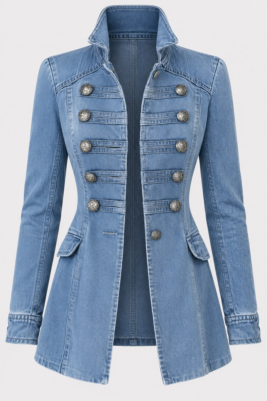 Denim Jacket Military Style with Double-Row Buttons - 1