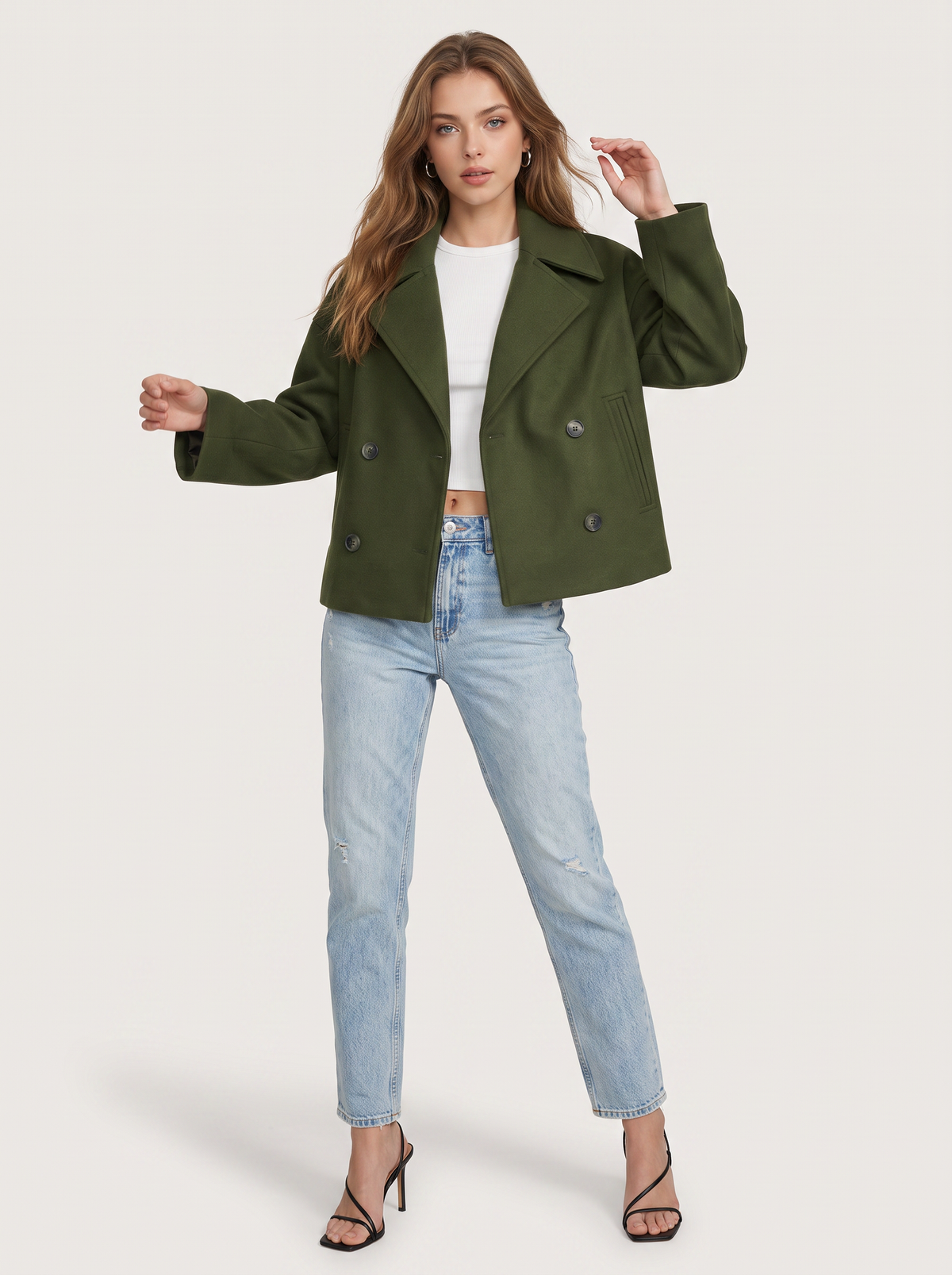 Cropped Double-Breasted Blazer, Pointed Lapels - view 7