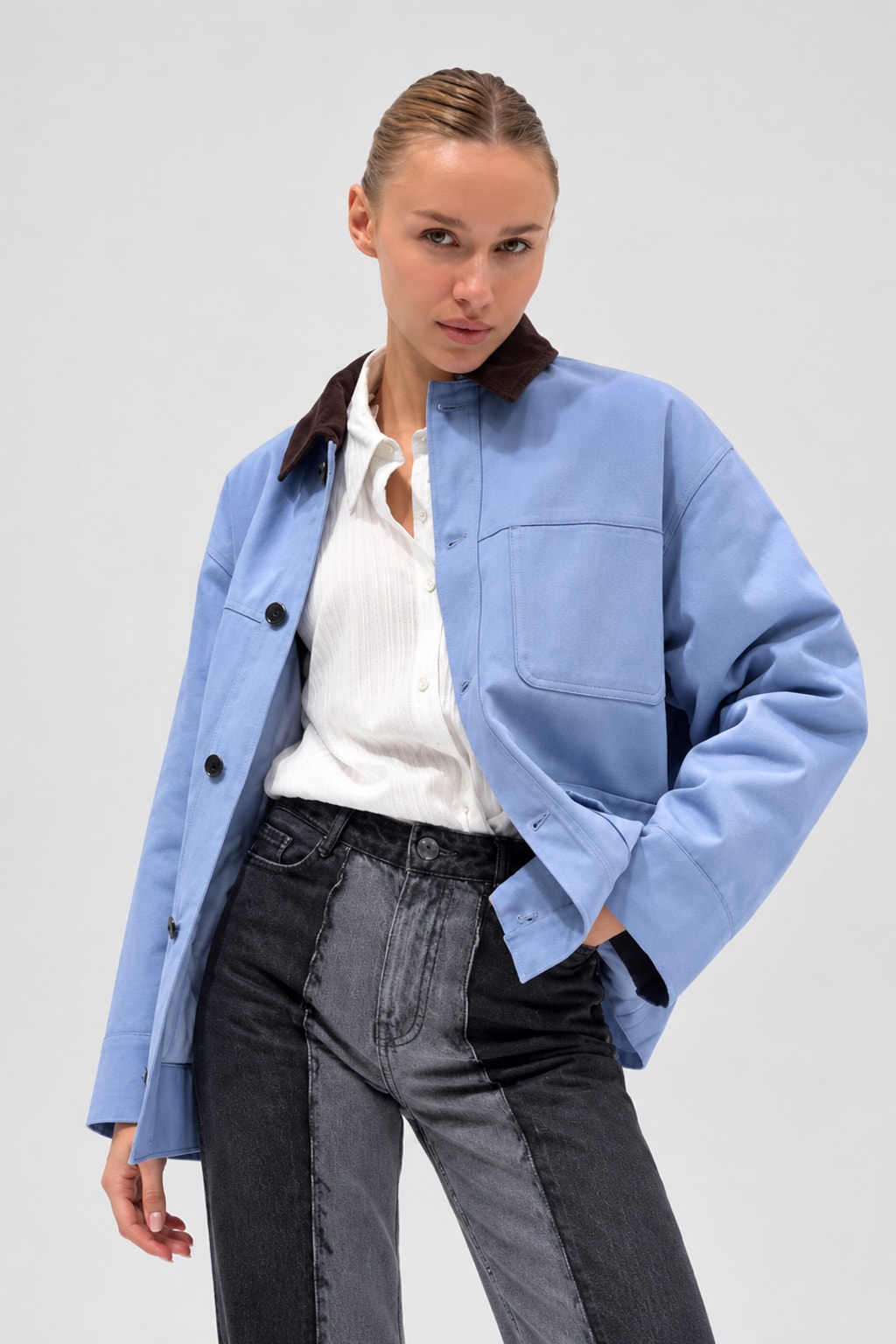 Cotton Blend Jacket Loose Fit Casual Blue - 4
