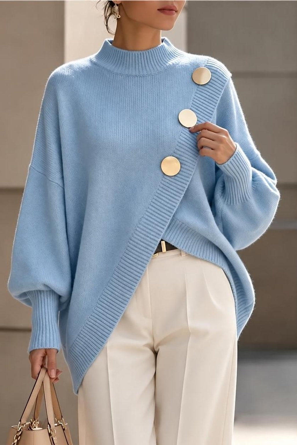 Soft Knit Asymmetrical Hem Button Pullover Sweater - 2