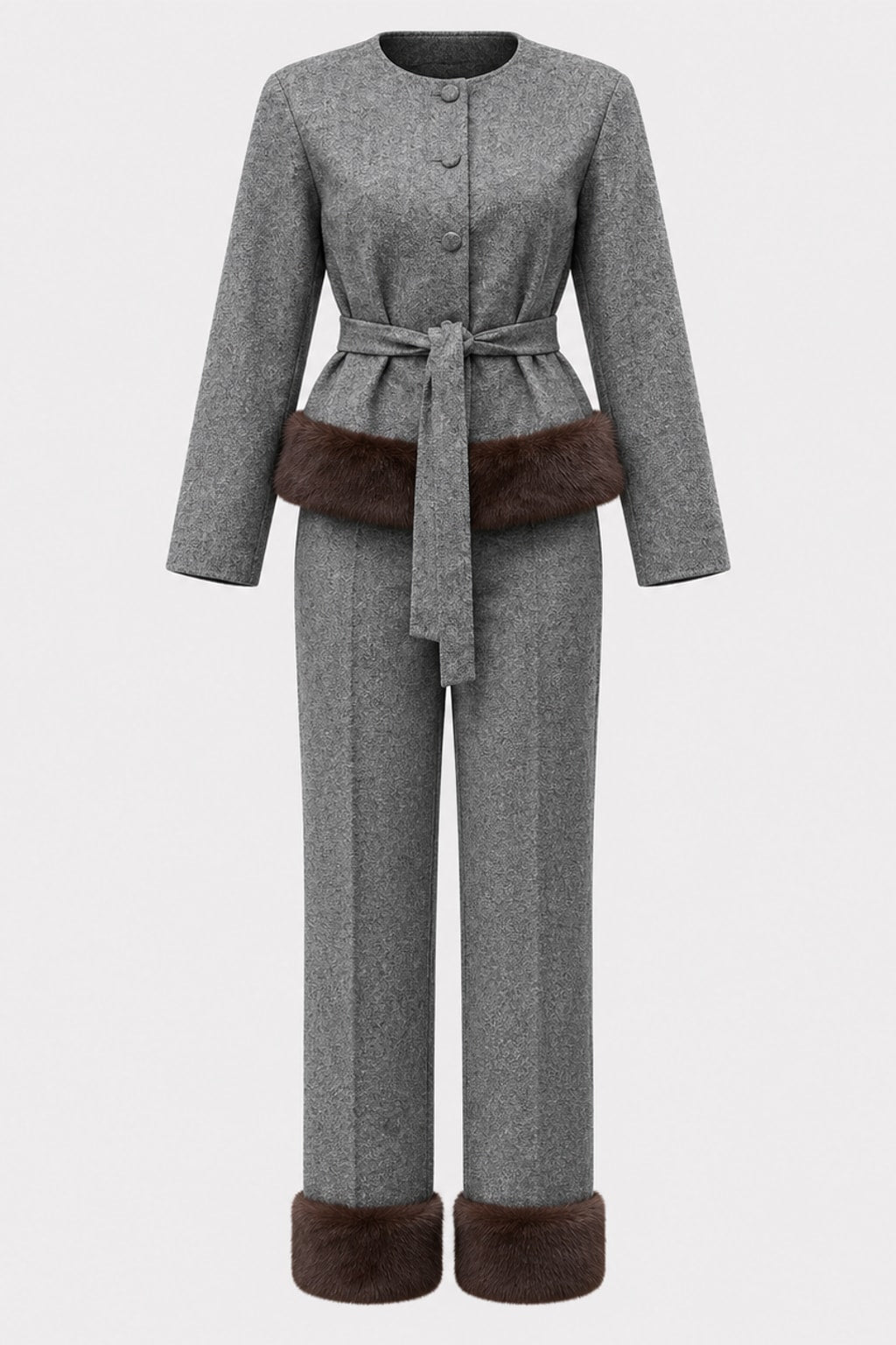 Grey belted jacket with a wide brown faux fur hem band and matching straight leg trousers