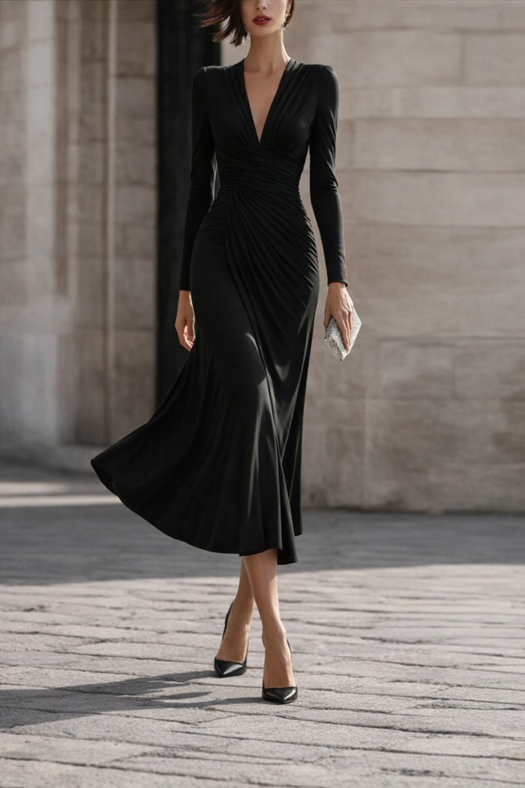 Synthetic Fiber Bodycon Dress With Deep V-Neck And Split - 5